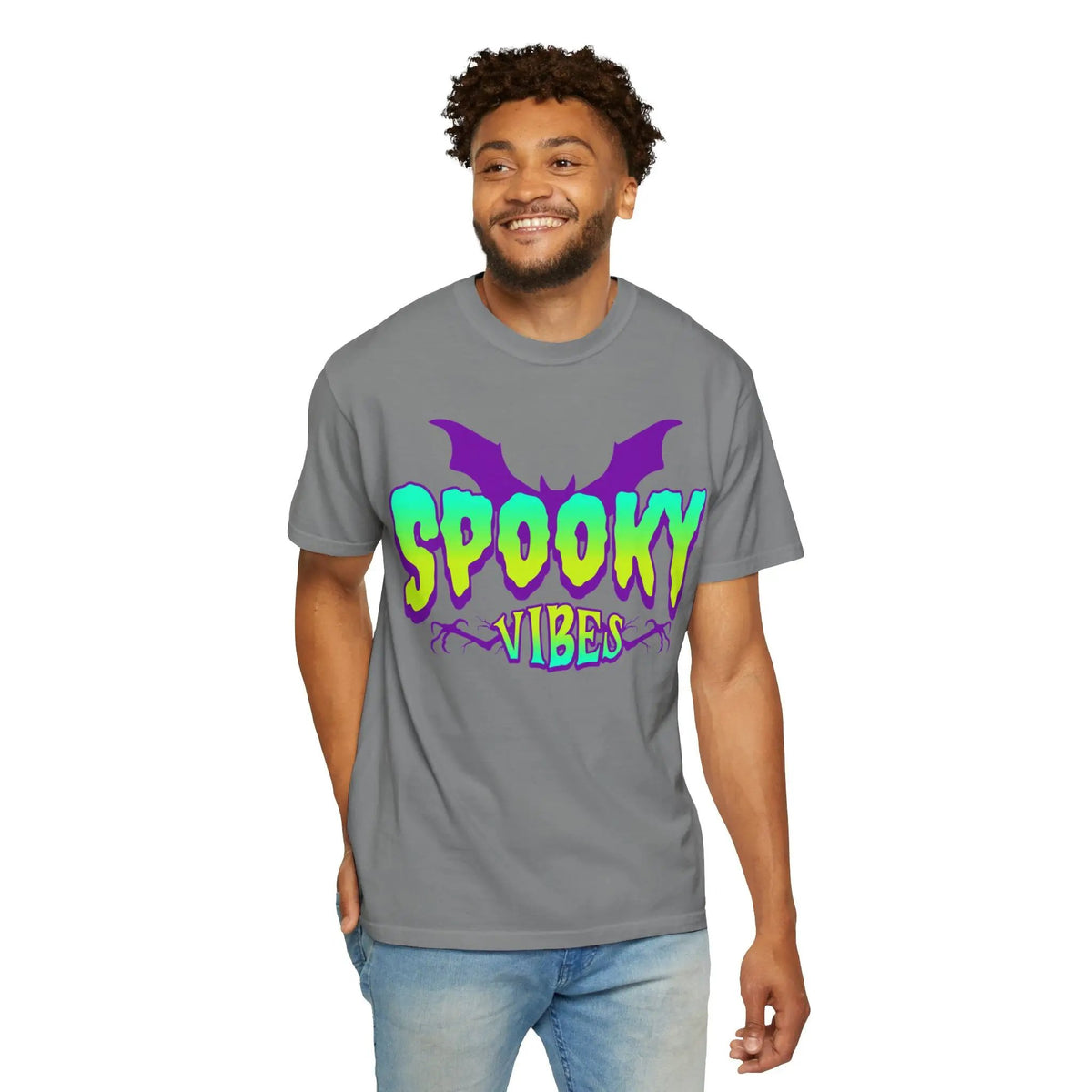 Printify Spooky Vibes T-Shirt — Neon Halloween Bat Graphic Tee - T-Shirts T-Shirt