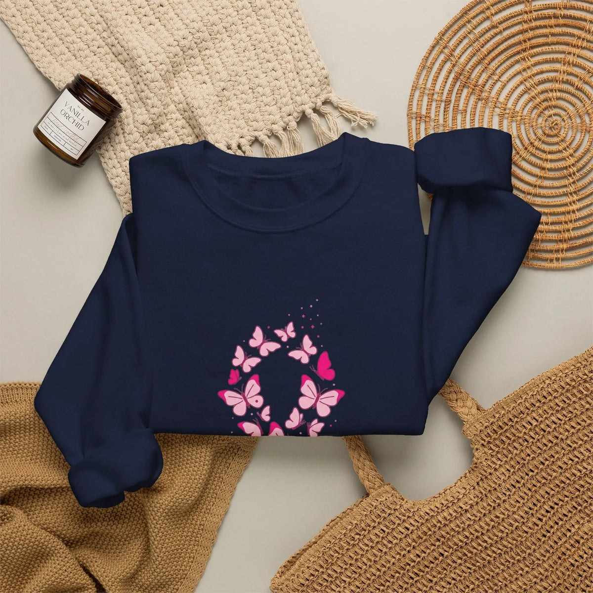 Printify Pink Butterfly Ribbon Sweatshirt | Breast Cancer Awareness, Support - Sweatshirts Sweatshirt