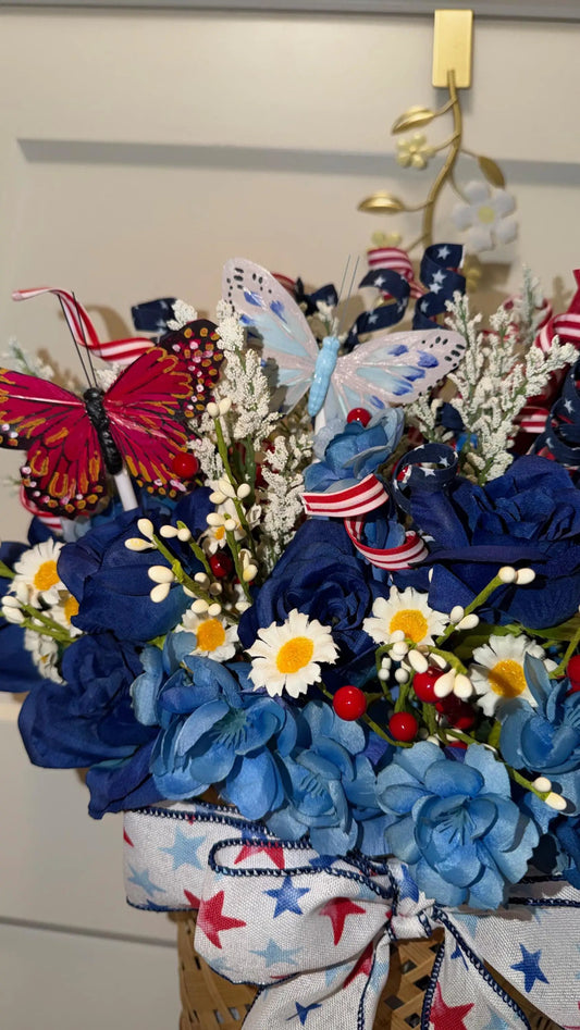 Tulu Prints & Designs Patriotic Wall Pocket Hanging Basket | Red White & Blue Floral with Butterflies | Americana Door Decor -