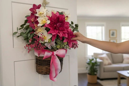 Tulu Prints & Designs Handmade Magenta Dahlia & Orchid Silk Floral Hanging Basket — Front Door Décor -