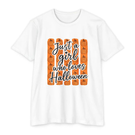 Printify Halloween T-Shirt - "Just a Girl Who Loves Halloween" Pumpkin Graphic Tee - T-Shirts T-Shirt