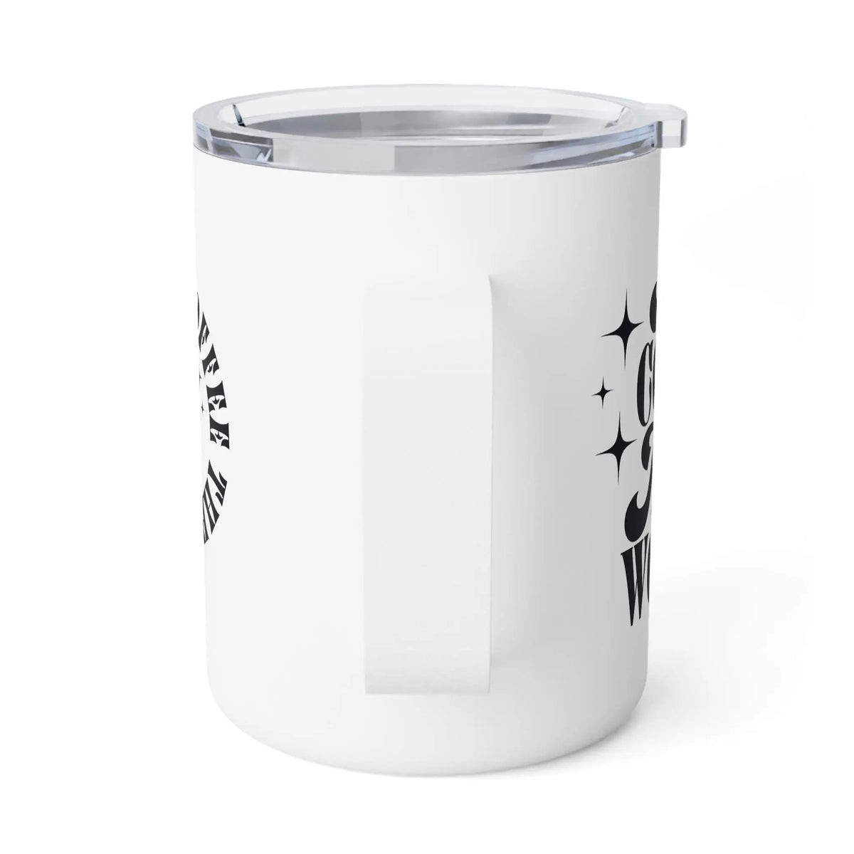 Tulu Prints & Designs Insulated Travel Mug, "First Coffee Then Words" Illustration, 10oz Stainless Steel -
