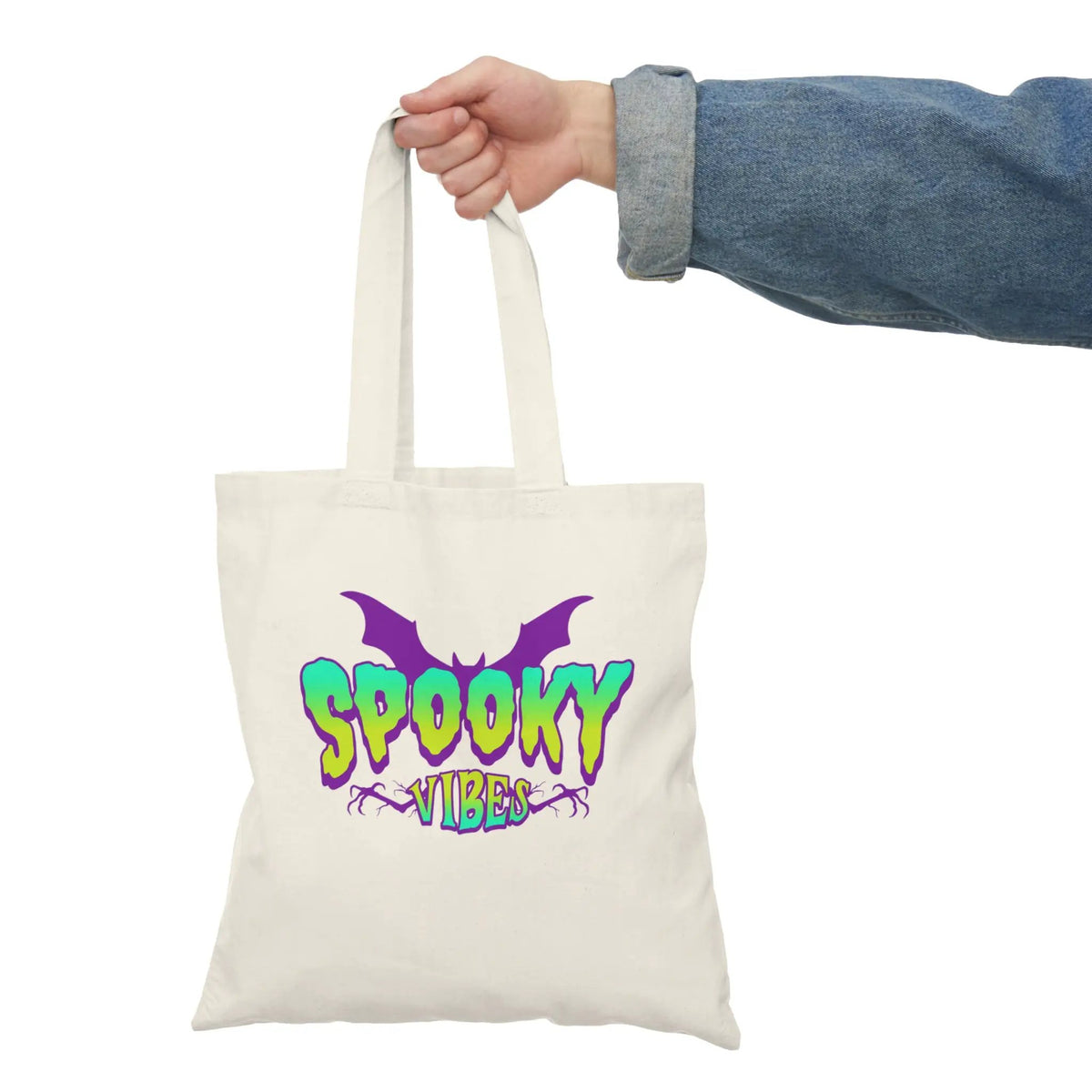 Printify Spooky Vibes Halloween Canvas Tote Bag With Bat Graphic Design - Tote Bags Bags