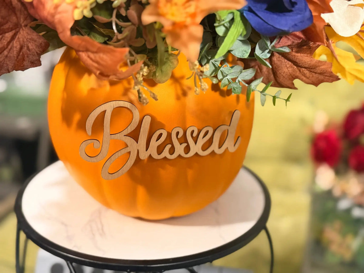 Tulu Prints & Designs Handmade Pumpkin Floral Arrangement | "Blessed" Typography on side | "Thankful" on opposite side - Artificial Flora Home Decor