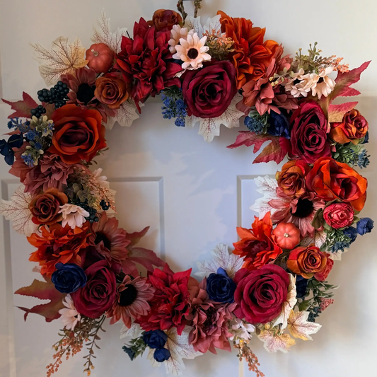 Jewel Tone Fall Wreath 21" | Burgundy & Navy Grapevine Wreath