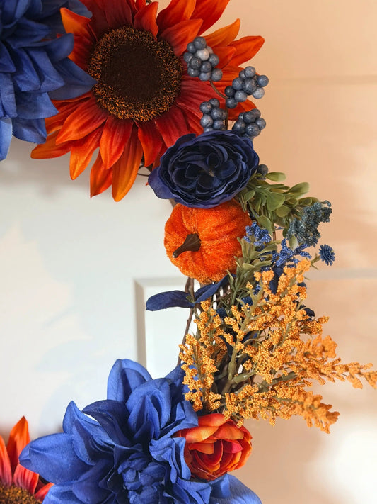 Tulu Designs Tulu Designs Navy Blue and Rust; Orange Sunflower Fall Wreath – Silk Floral Grapevine Door Wreath - Wreaths