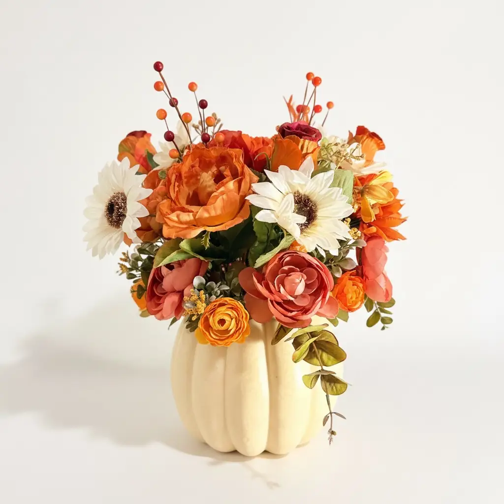 Tulu Prints & Designs Autumn Harvest Bouquet in Cream Pumpkin Vase - Artificial Flowering Plants Home Decor