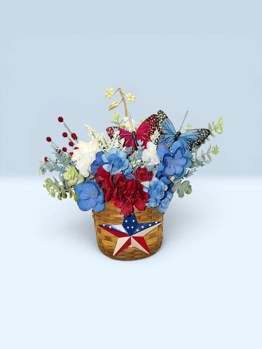 Tulu Prints & Designs Patriotic Floral Door Decor Arrangement | Red White Blue Butterflies, Barn Star Basket - Uncategorized