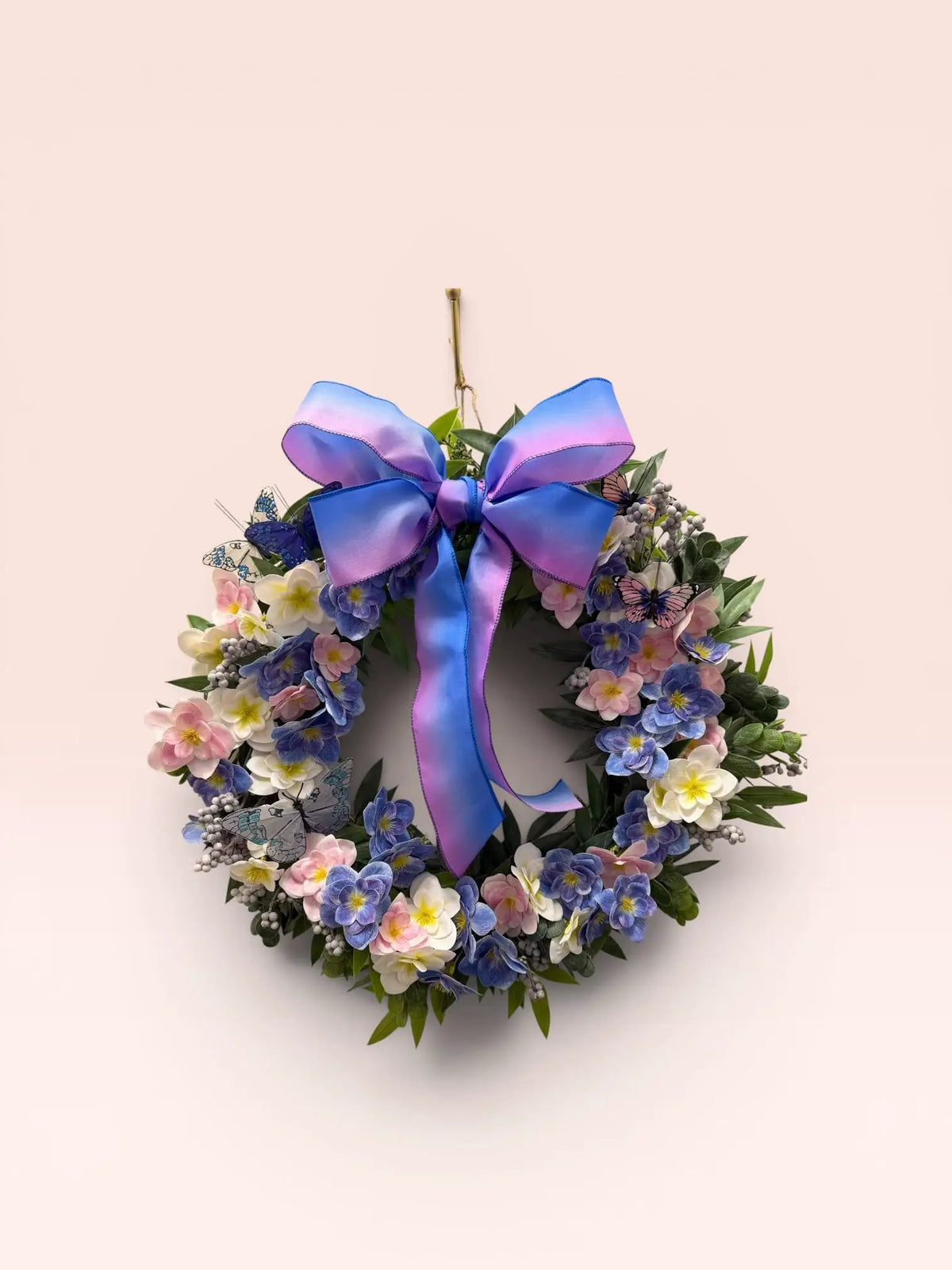 Handmade Spring Floral Wreath | Lavender Blue Pink Butterflies Ombré Bow (20 Inch)