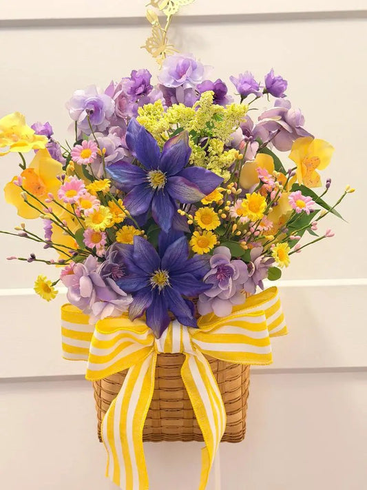 Purple & Yellow Floral Basket Arrangement | Summer Centerpiece | Clematis Hydrangea Silk Flowers