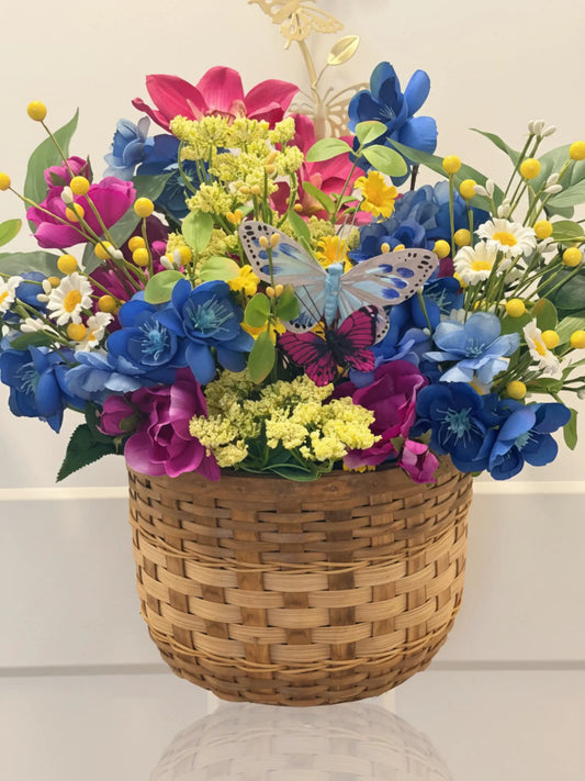 Handmade Silk Flower Door Basket Arrangement | Blue Magenta Yellow Spring Summer Wreath Alternative