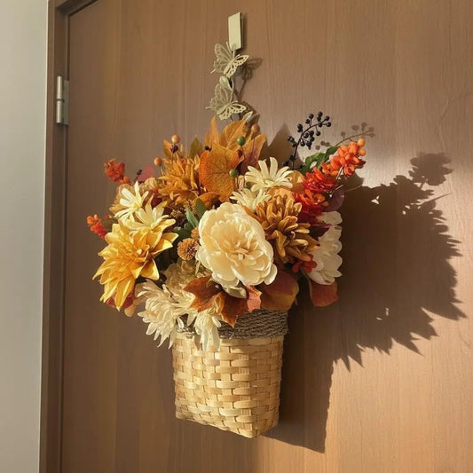 Golden Autumn Door Basket — Cream, Gold & Rust Floral