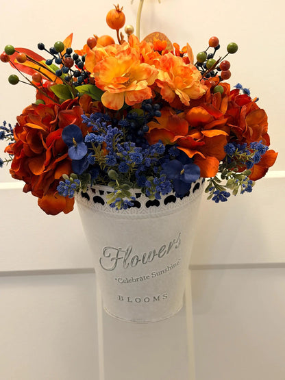Tulu Prints & Designs Handmade Fall Floral Arrangement | Burnt Orange, Navy Blue Farmhouse Tin Bucket -