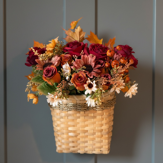 Tulu Designs Burgundy And Rust Rose Woven Wicker Fall Door Basket With Sunflowers - Wreaths Home Decor