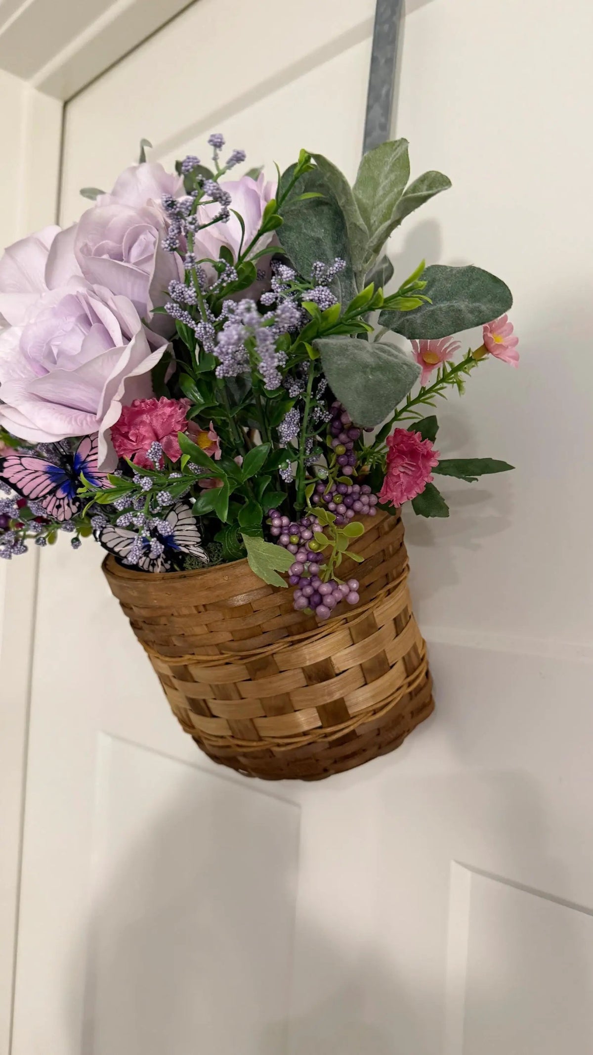 Tulu Prints & Designs Handmade Lavender Rose & Butterfly Silk Floral Hanging Basket — Spring Door Décor - Hanging & Wall Vases