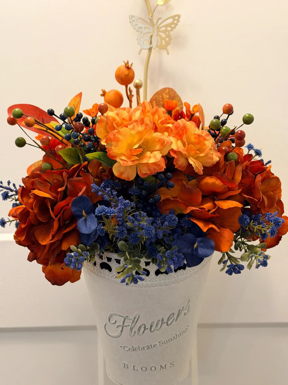 Tulu Prints & Designs Handmade Fall Floral Arrangement | Burnt Orange, Navy Blue Farmhouse Tin Bucket -
