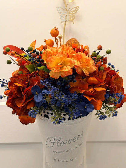 Tulu Prints & Designs Handmade Fall Floral Arrangement | Burnt Orange, Navy Blue Farmhouse Tin Bucket -