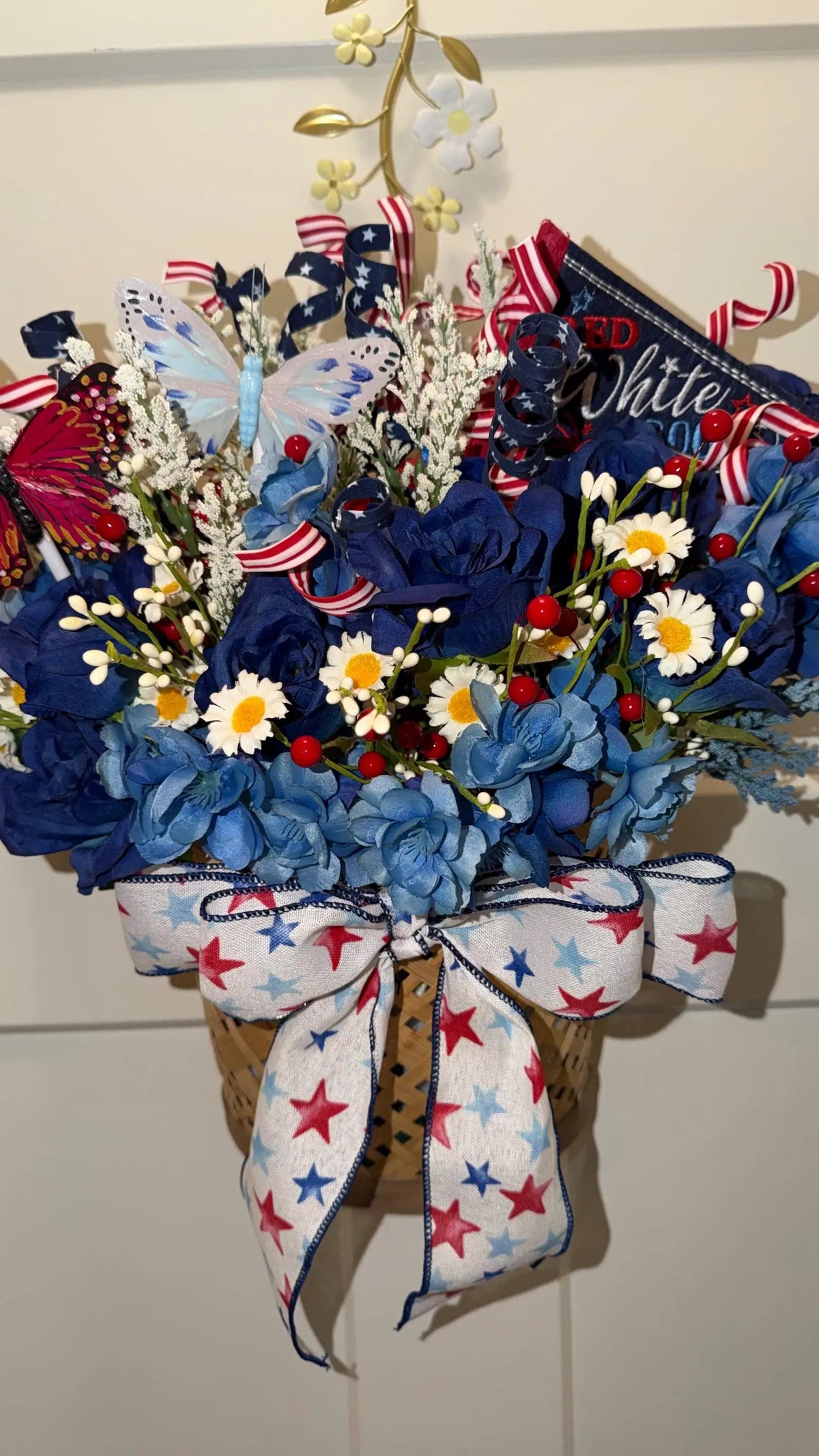 Tulu Prints & Designs Patriotic Wall Pocket Hanging Basket | Red White & Blue Floral with Butterflies | Americana Door Decor -