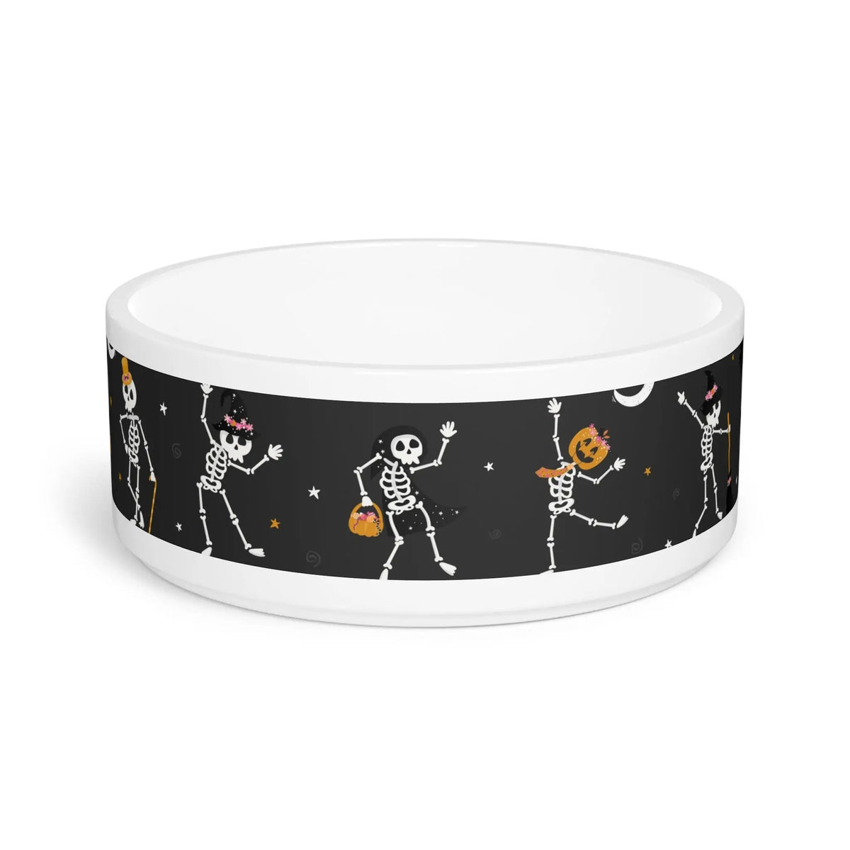 Printify Halloween Dancing Skeletons Pet Bowl — Festive Dog & Cat Food Bowl - Bowls Pets
