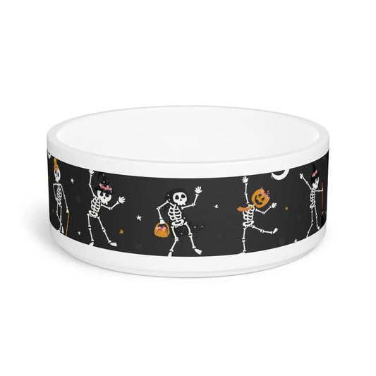 Printify Halloween Dancing Skeletons Pet Bowl — Festive Dog & Cat Food Bowl - Bowls Pets