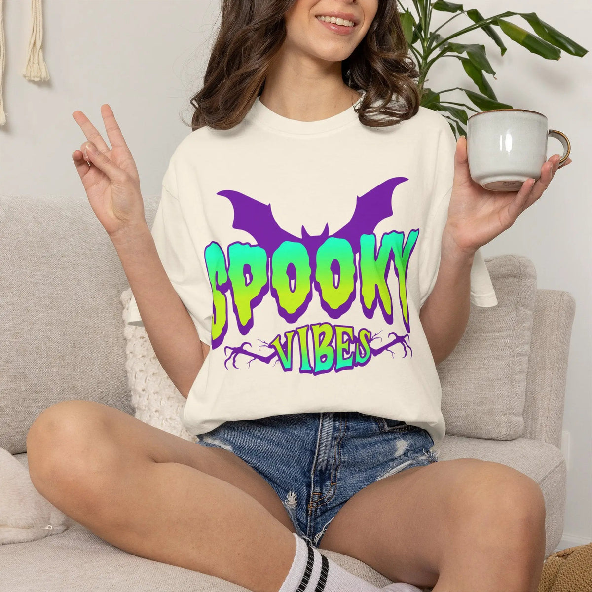 Printify Spooky Vibes T-Shirt — Neon Halloween Bat Graphic Tee - T-Shirts T-Shirt