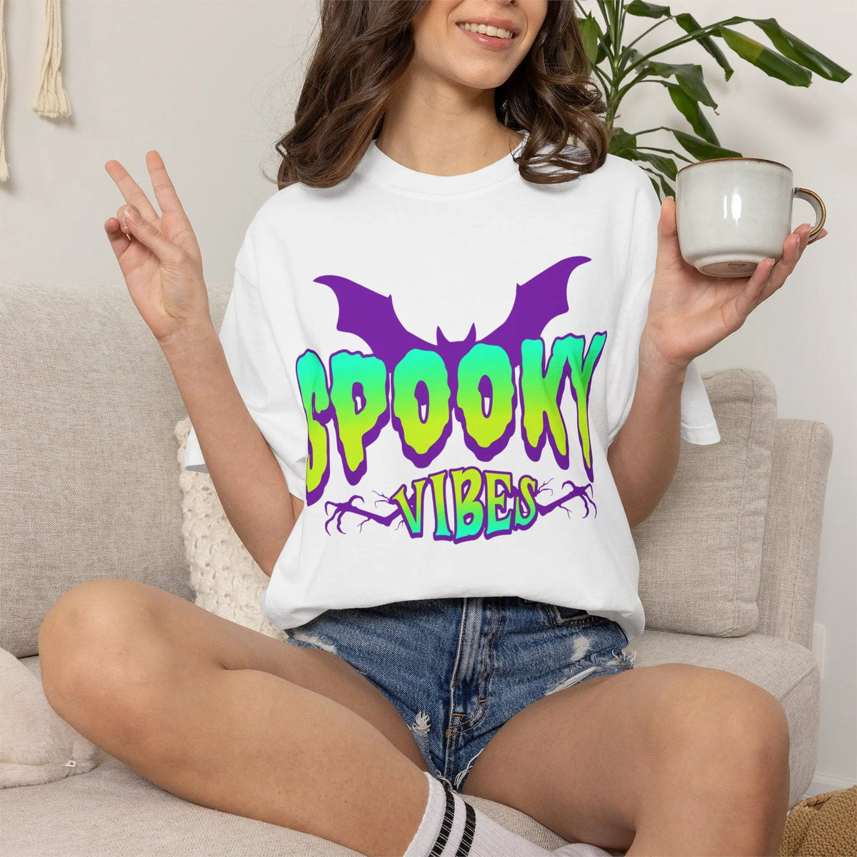 Printify Spooky Vibes T-Shirt — Neon Halloween Bat Graphic Tee - T-Shirts T-Shirt