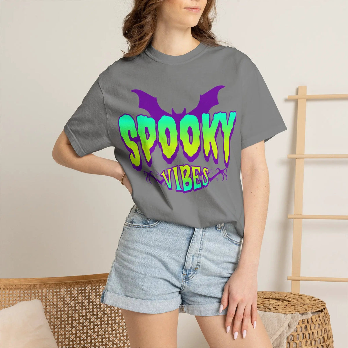 Printify Spooky Vibes T-Shirt — Neon Halloween Bat Graphic Tee - T-Shirts T-Shirt