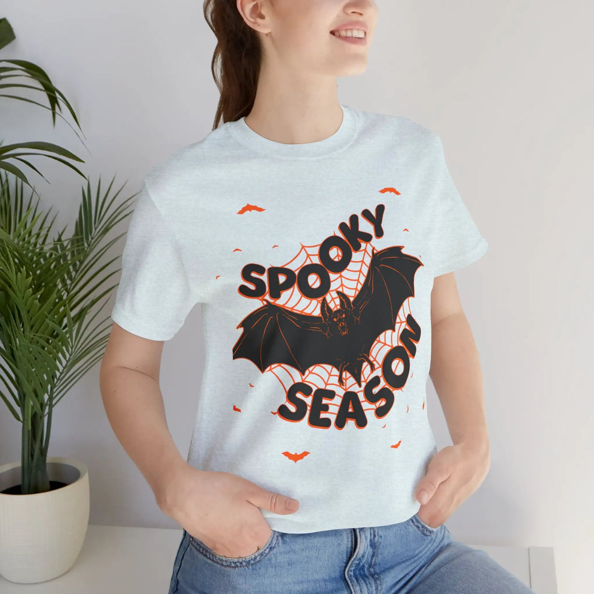 Printify Spooky Season Bat Graphic Halloween Tshirt Lightweight Soft Tee - T-Shirts T-Shirt