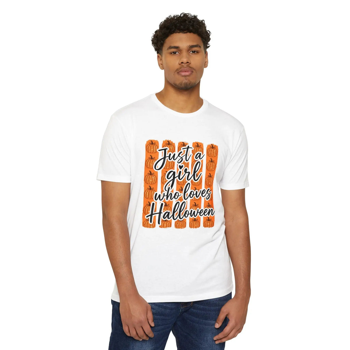Printify Halloween T-Shirt - "Just a Girl Who Loves Halloween" Pumpkin Graphic Tee - T-Shirts T-Shirt