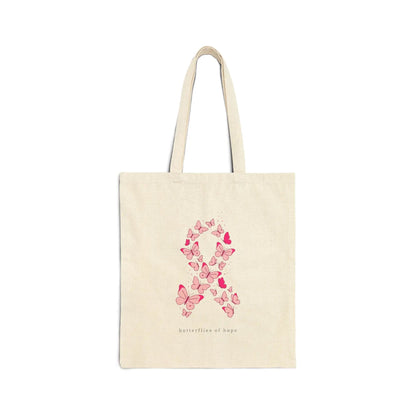Printify Pink Ribbon Butterfly Tote, Breast Cancer Awareness Canvas Tote | Support, Solidarity - Tote Bags Bags