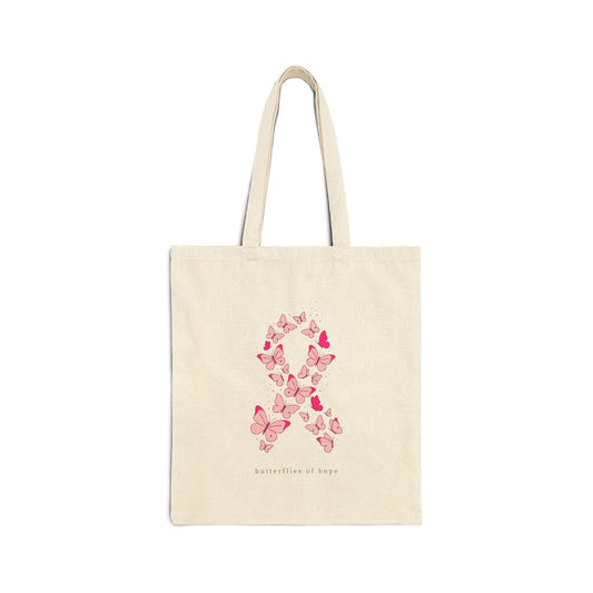Printify Pink Ribbon Butterfly Tote, Breast Cancer Awareness Canvas Tote | Support, Solidarity - Tote Bags Bags