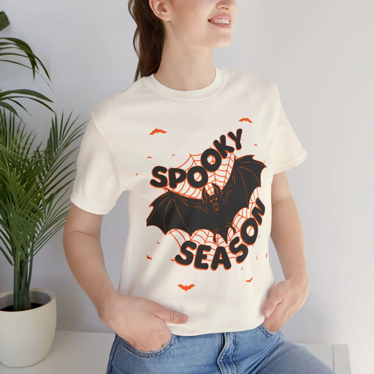 Printify Spooky Season Bat Graphic Halloween Tshirt Lightweight Soft Tee - T-Shirts T-Shirt