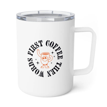 Tulu Prints & Designs Insulated Travel Mug, "First Coffee Then Words" Illustration, 10oz Stainless Steel -