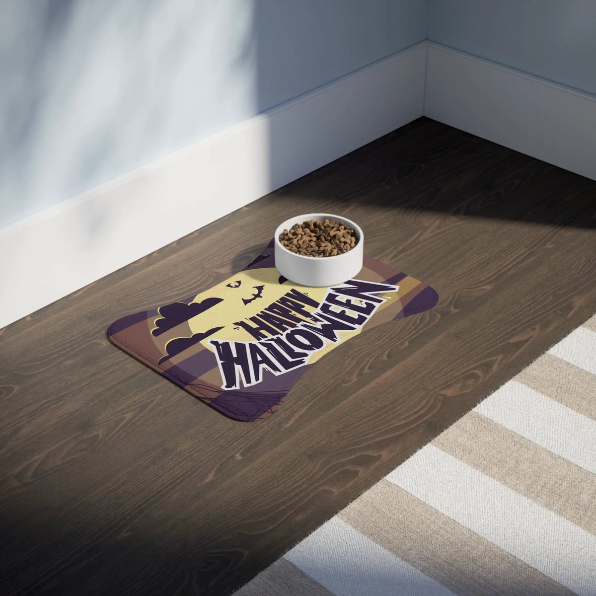 Printify Happy Halloween Pet Feeding Mat — Spooky Moon & Bats Placemat for Dogs & Cats - Pet Bowl Mats Pets