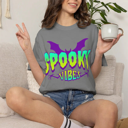 Printify Spooky Vibes T-Shirt — Neon Halloween Bat Graphic Tee - T-Shirts T-Shirt