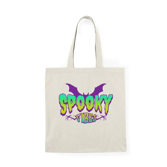 Printify Spooky Vibes Halloween Canvas Tote Bag With Bat Graphic Design - Tote Bags Bags