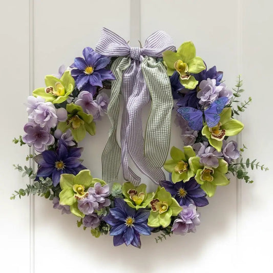 Tulu Prints & Designs Purple, Lavender & Green Orchid Wreath with Butterfly Accent — 17" - Print Material