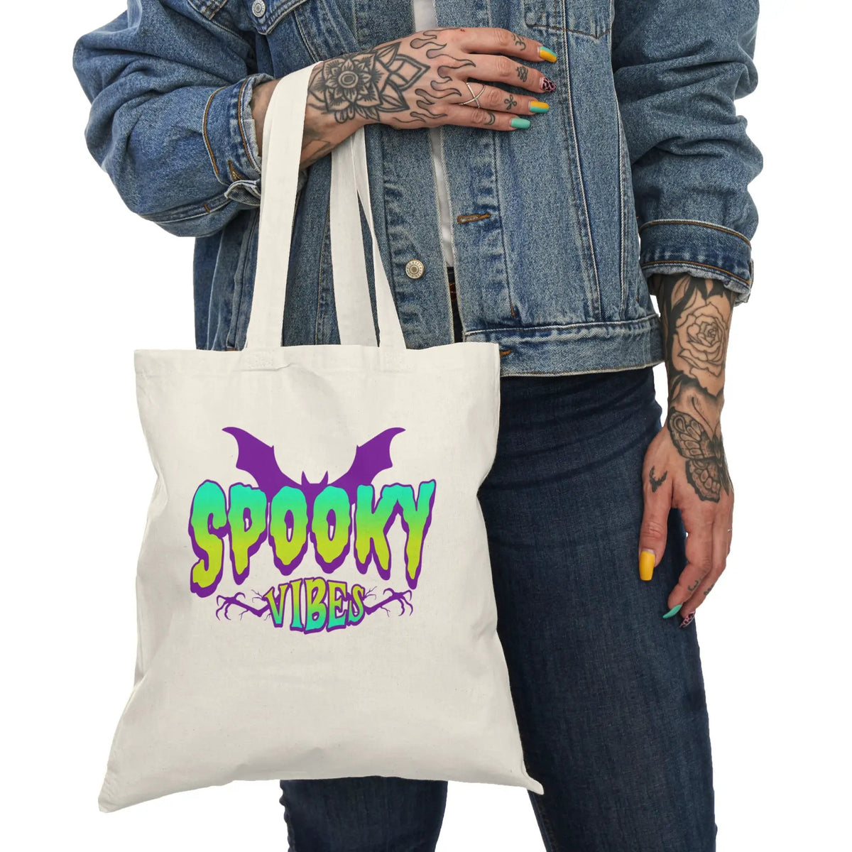 Printify Spooky Vibes Halloween Canvas Tote Bag With Bat Graphic Design - Tote Bags Bags