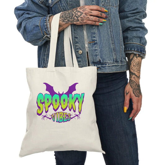 Printify Spooky Vibes Halloween Canvas Tote Bag With Bat Graphic Design - Tote Bags Bags
