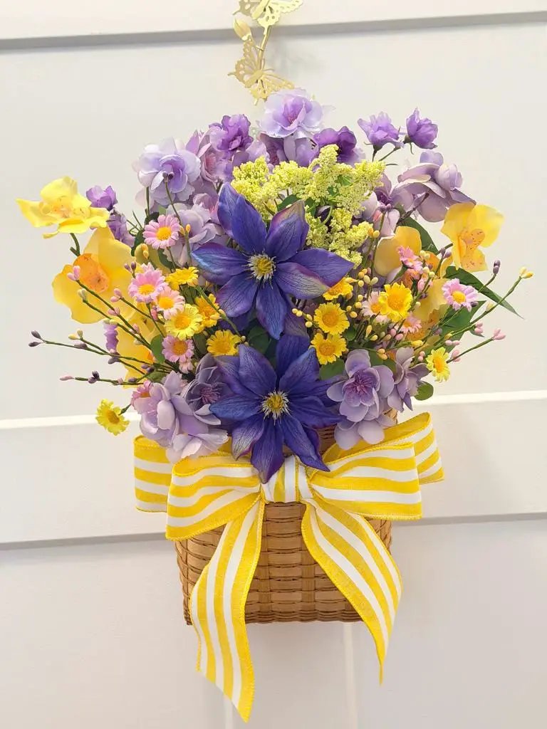 Tulu Prints & Designs Purple & Yellow Floral Basket Arrangement | Summer Centerpiece | Clematis Hydrangea Silk Flowers -