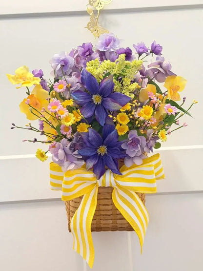 Tulu Prints & Designs Purple & Yellow Floral Basket Arrangement | Summer Centerpiece | Clematis Hydrangea Silk Flowers -