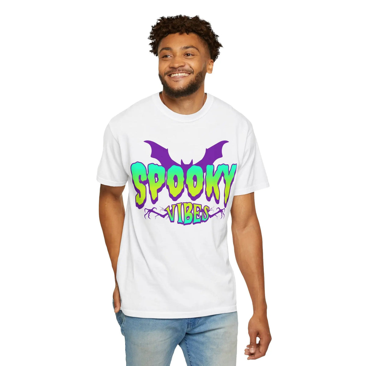 Printify Spooky Vibes T-Shirt — Neon Halloween Bat Graphic Tee - T-Shirts T-Shirt