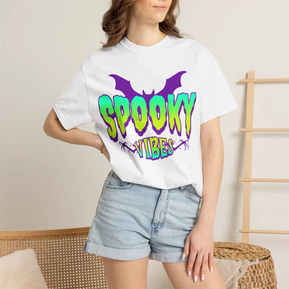 Printify Spooky Vibes T-Shirt — Neon Halloween Bat Graphic Tee - T-Shirts T-Shirt