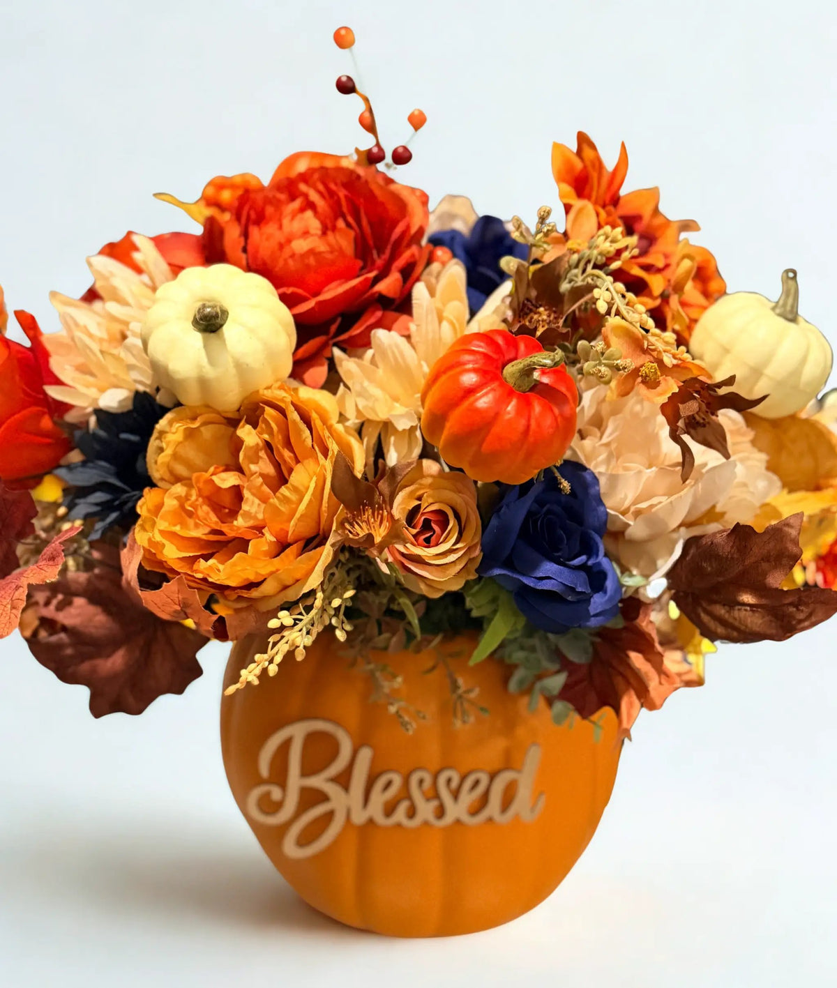 Tulu Prints & Designs Handmade Pumpkin Floral Arrangement | "Blessed" Typography on side | "Thankful" on opposite side - Artificial Flora Home Decor