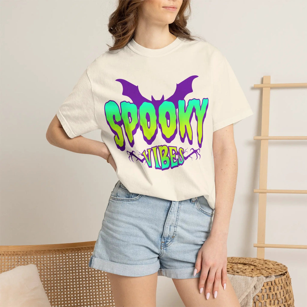 Printify Spooky Vibes T-Shirt — Neon Halloween Bat Graphic Tee - T-Shirts T-Shirt