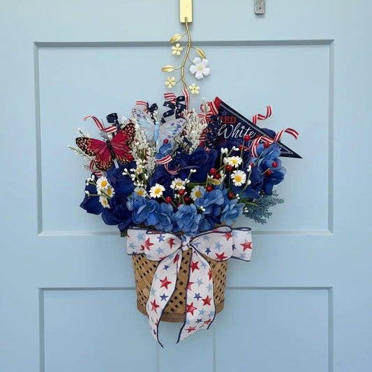 Tulu Prints & Designs Patriotic Wall Pocket Hanging Basket | Red White & Blue Floral with Butterflies | Americana Door Decor -