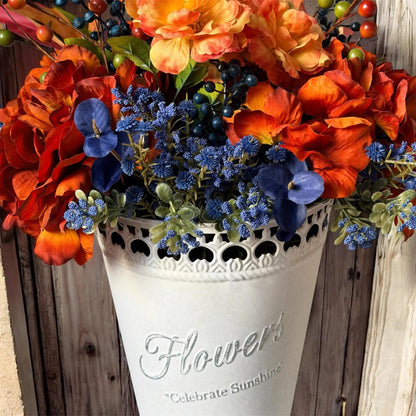 Tulu Prints & Designs Handmade Fall Floral Arrangement | Burnt Orange, Navy Blue Farmhouse Tin Bucket -