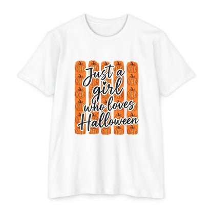 Printify Halloween T-Shirt - "Just a Girl Who Loves Halloween" Pumpkin Graphic Tee - T-Shirts T-Shirt