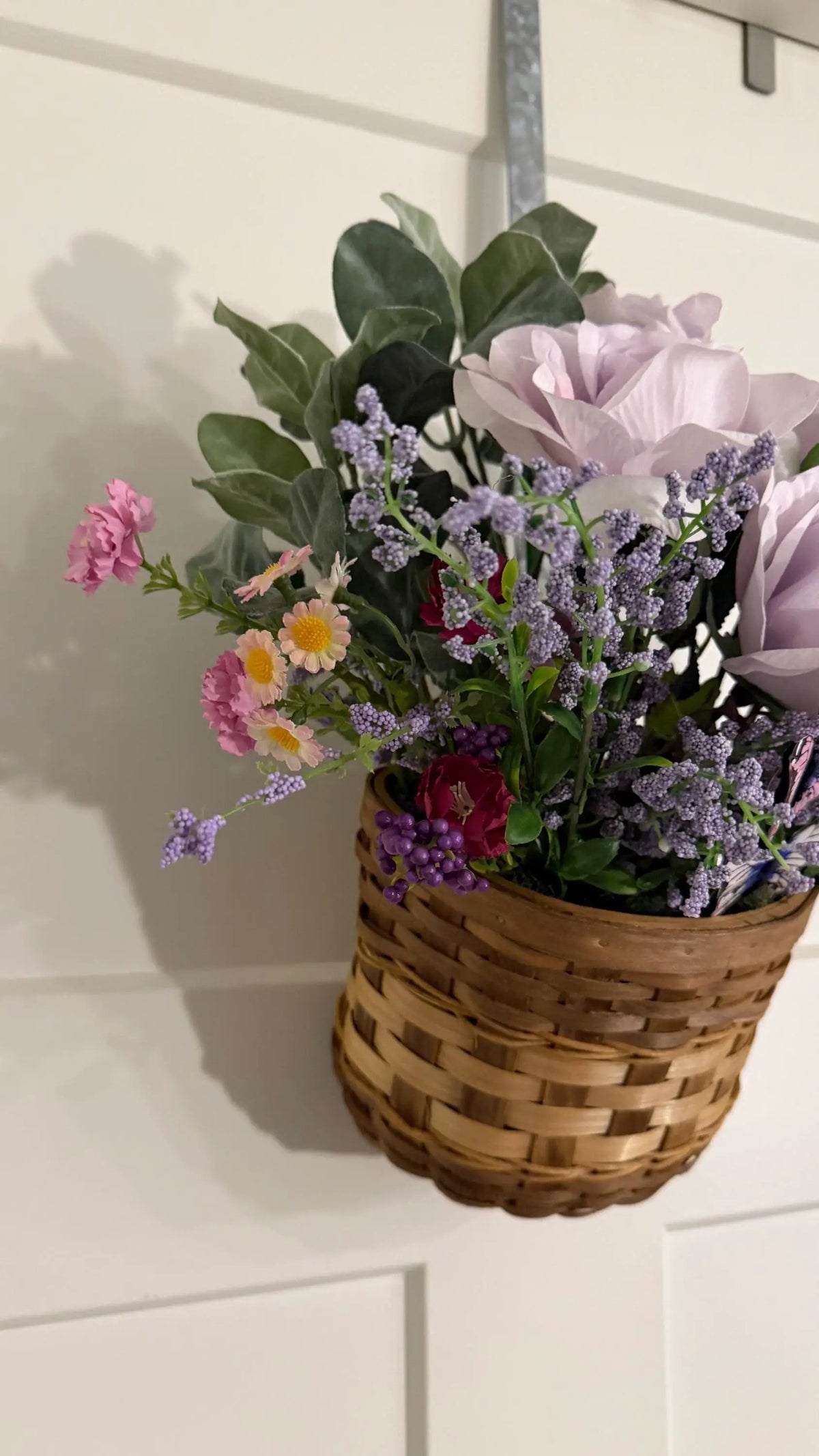 Tulu Prints & Designs Handmade Lavender Rose & Butterfly Silk Floral Hanging Basket — Spring Door Décor - Hanging & Wall Vases