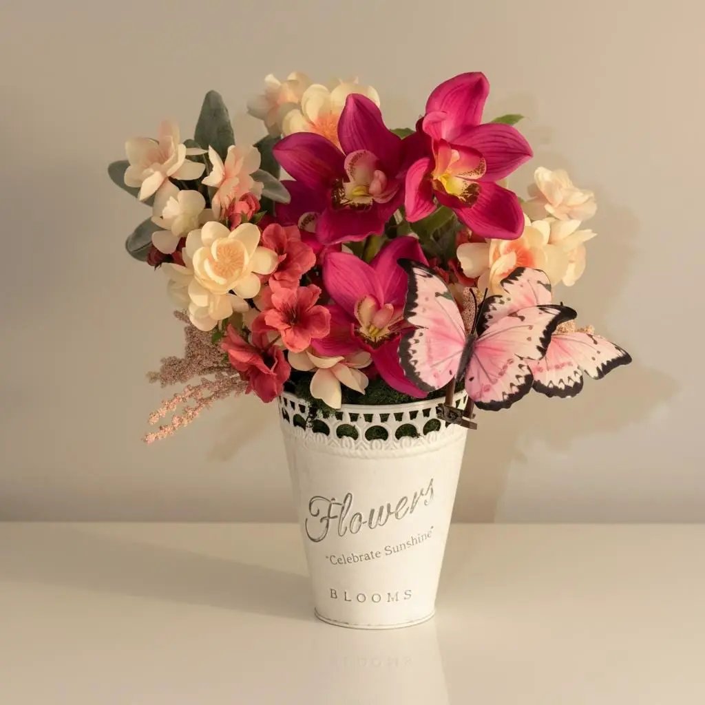Tulu Prints & Designs Pink Orchid & Butterfly Arrangement — "Celebrate Sunshine" -